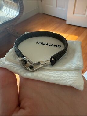 Salvatore Ferragamo Black Braided Leather Bracelet with Silver Hook Closure